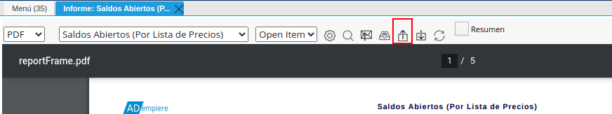 opción exportar del informe de la barra