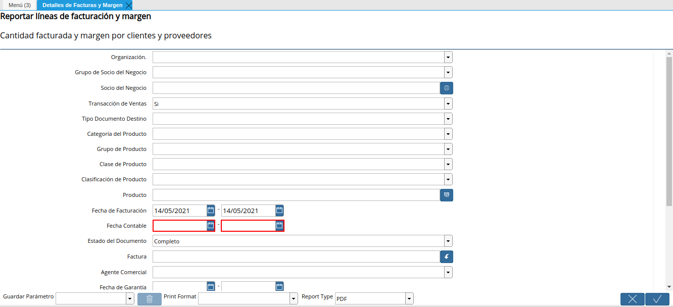 campo fecha contable del reporte detalles de facturas y margen