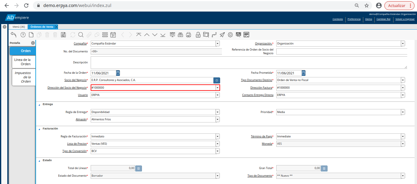 campo dirección del socio del negocio de la orden de venta no fiscal