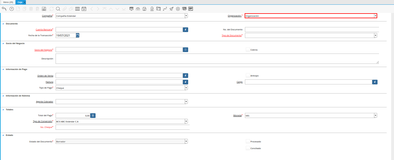 campo organización de la ventana caja