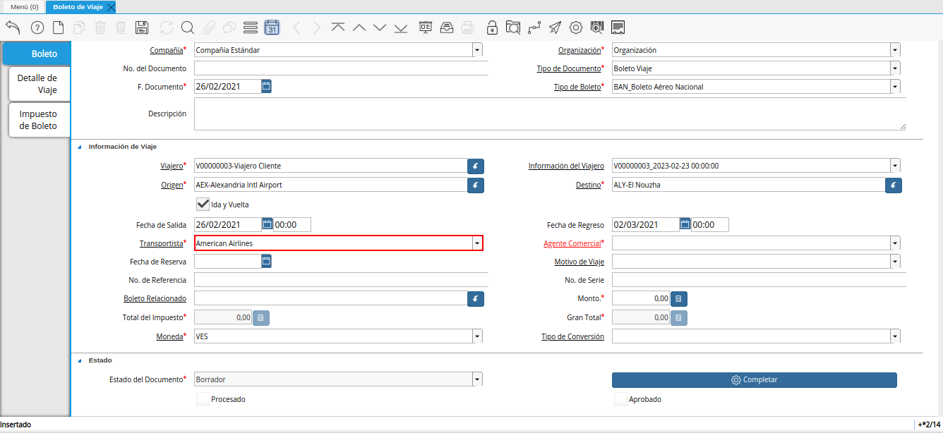 campo transportista de la ventana boleto de viaje