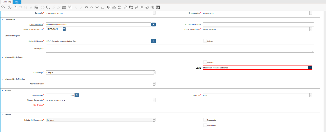 campo cargo de la ventana caja