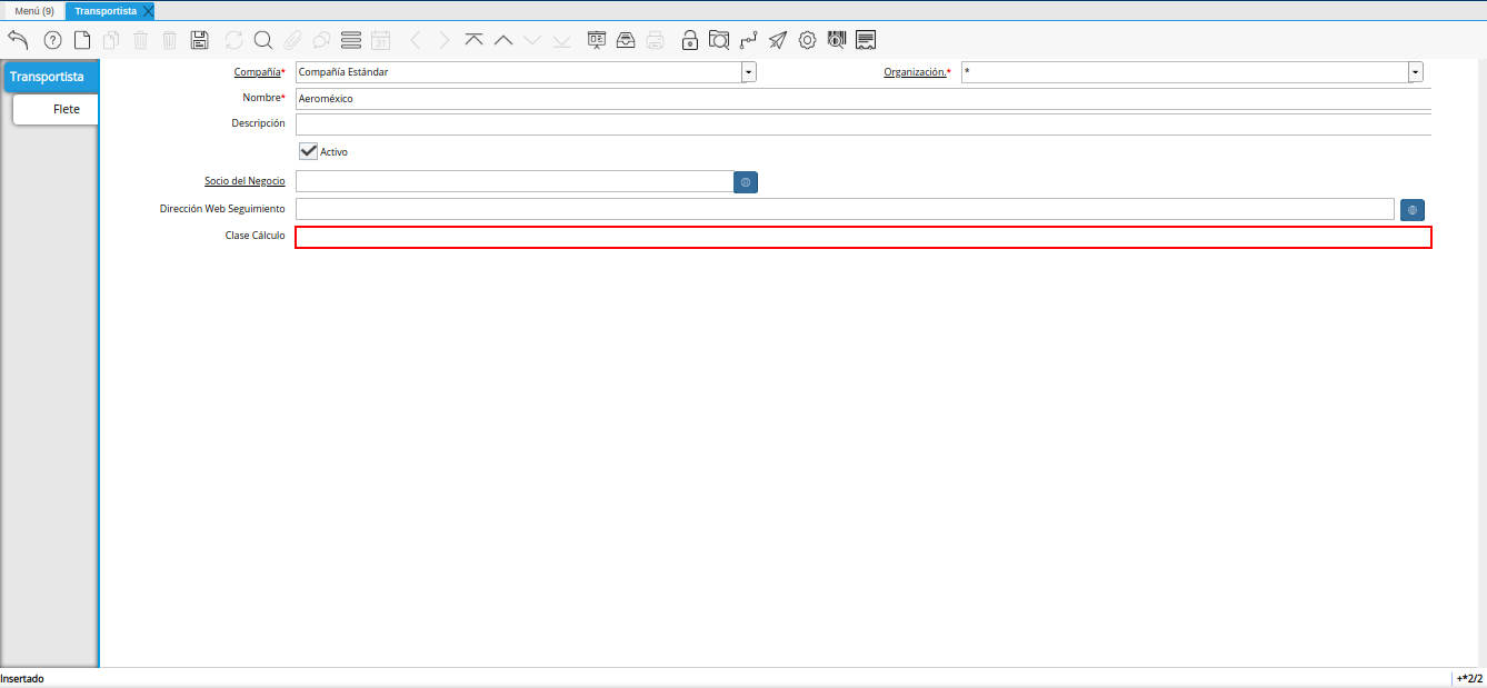 campo clase cálculo de la ventana transportista