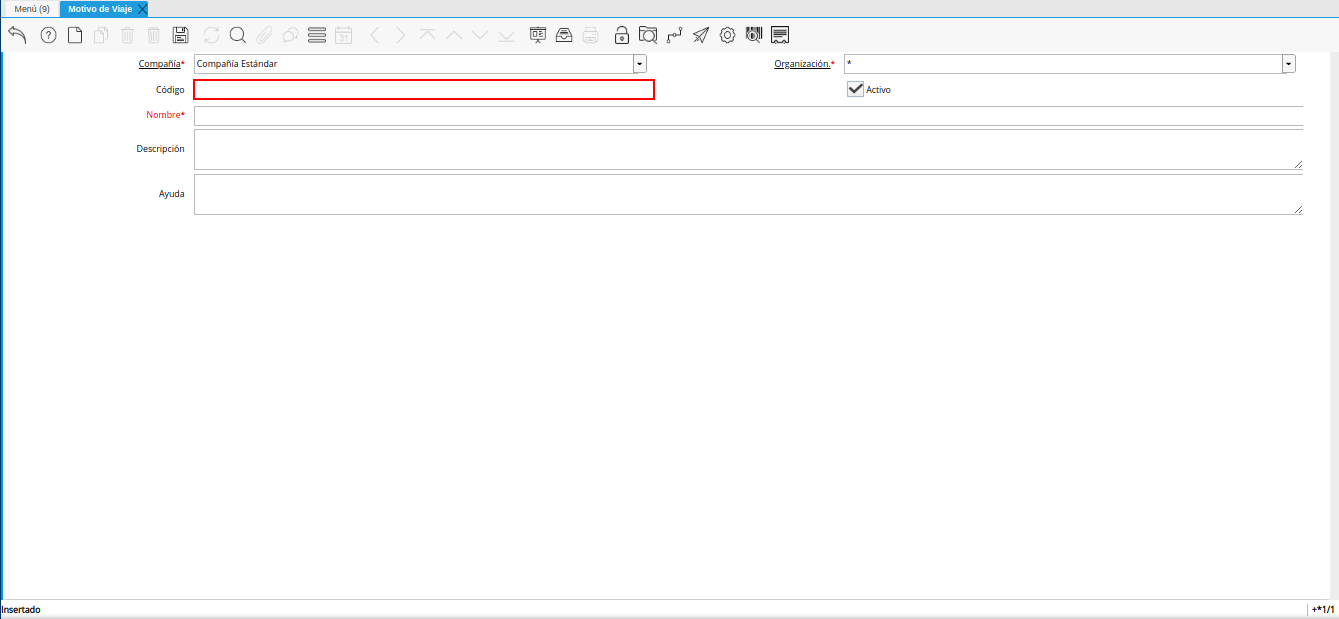 campo código de la ventana motivo de viaje
