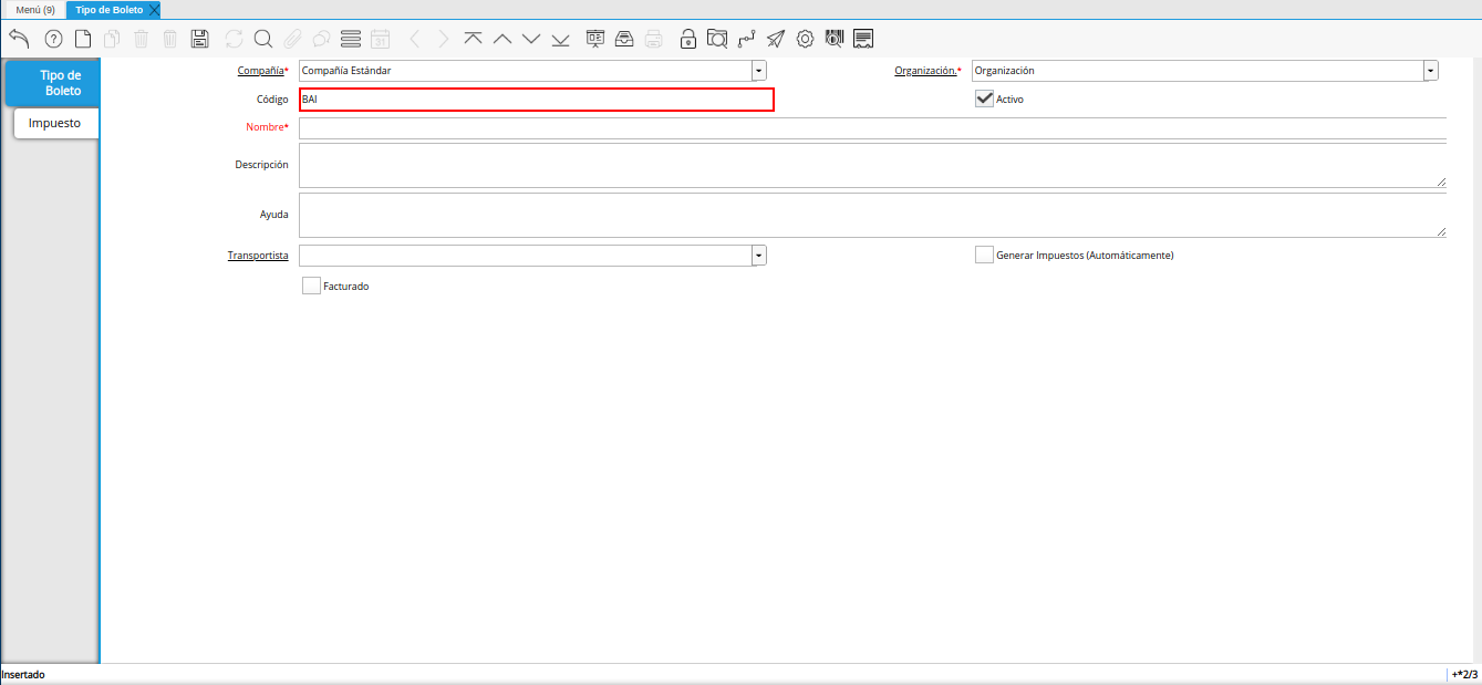 campo código de la ventana tipo de boleto