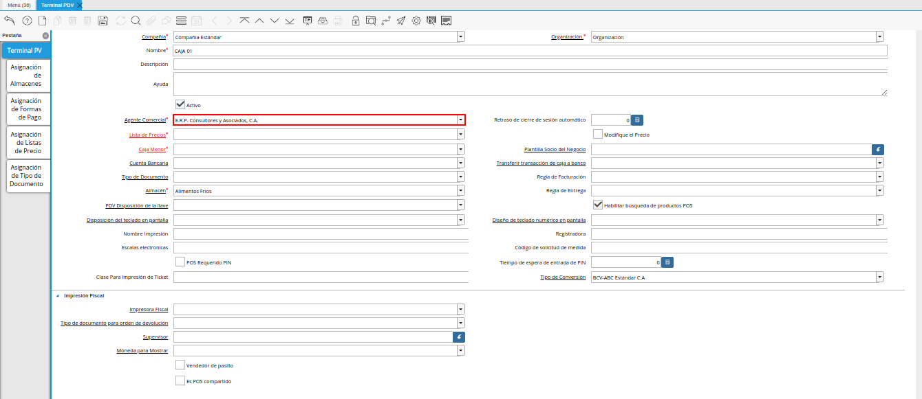 Campo Agente Comercial de la Ventana Terminal PDV