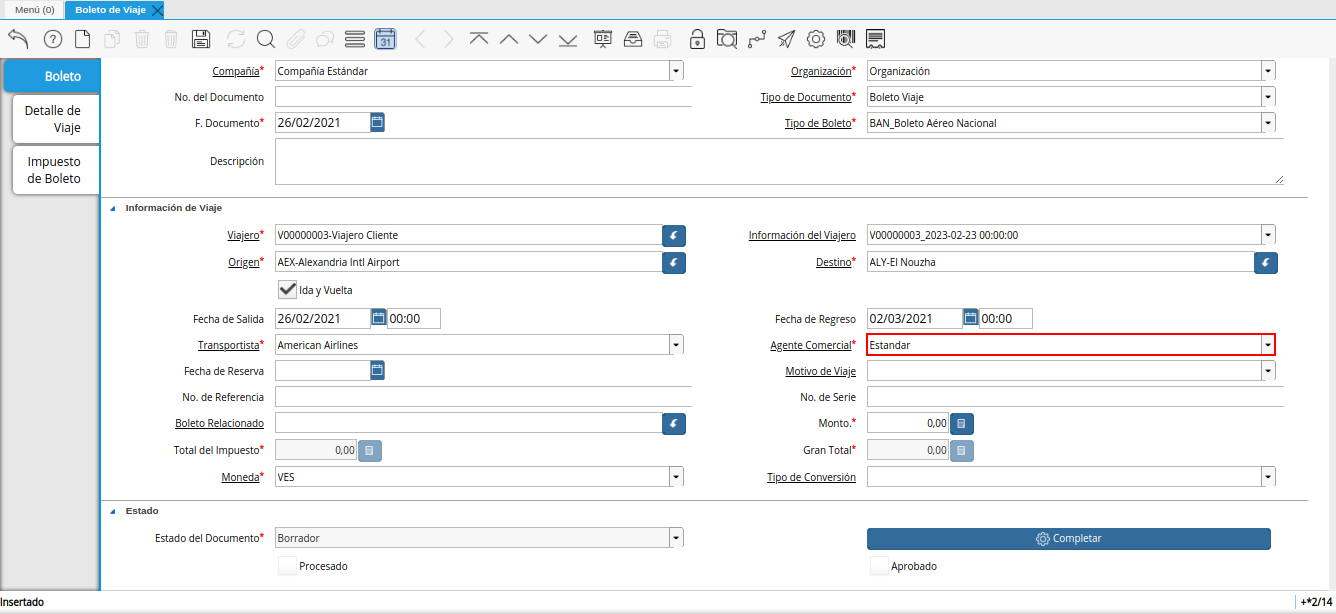 campo agente comercial de la ventana boleto de viaje