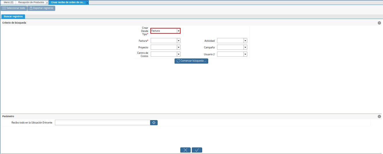 campo crear desde tipo factura de la ventana crear recibo de orden de compra o rma