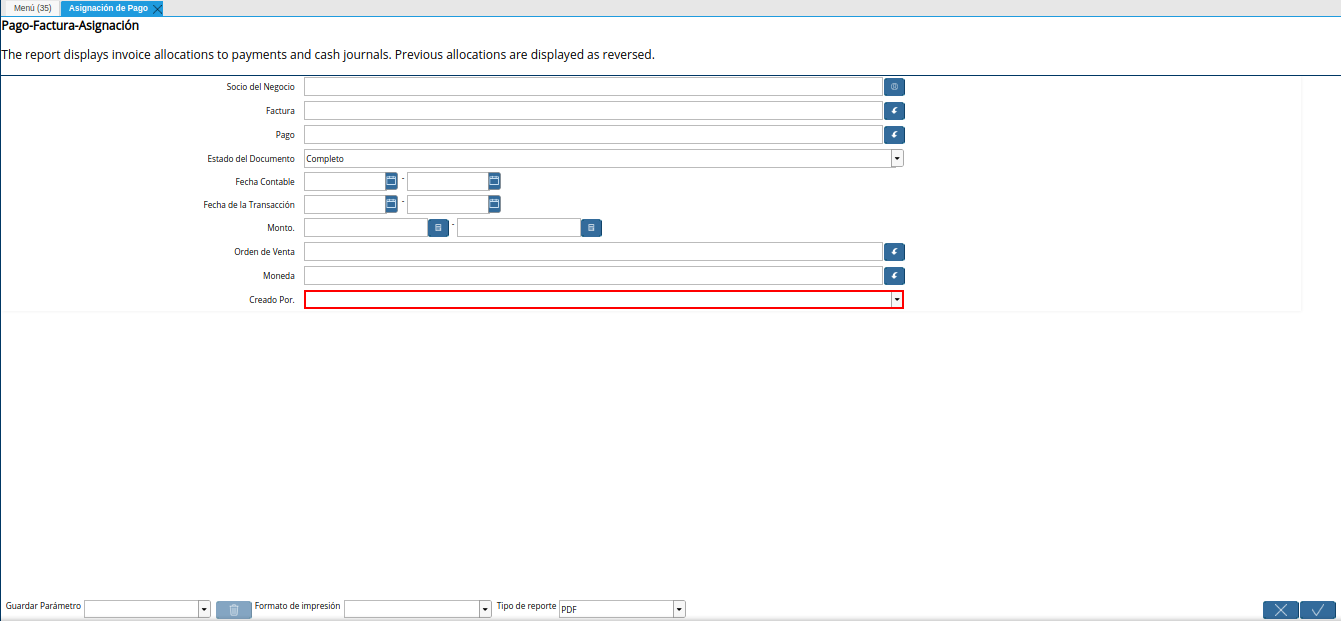 campo creado por del reporte asignación de pago