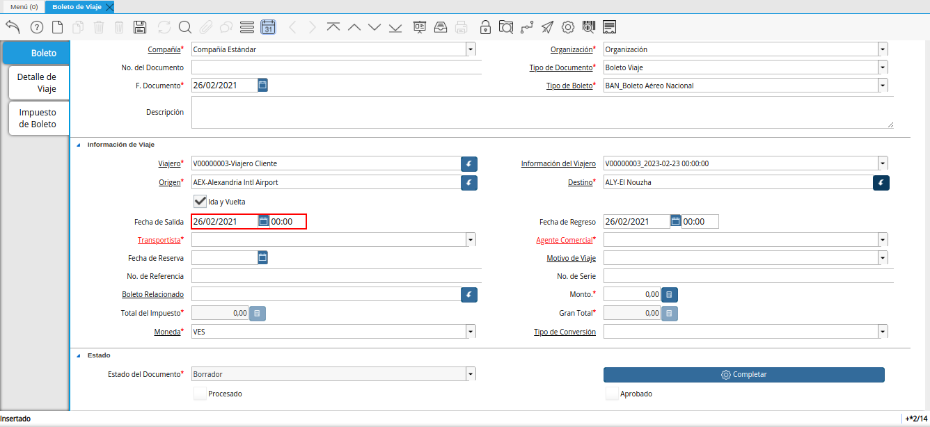 campo fecha de salida de la ventana boleto de viaje