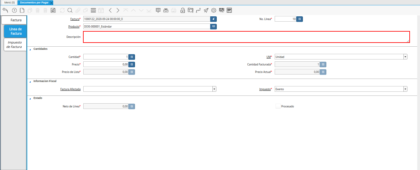 campo descripcion de la pestaña linea de factura débito