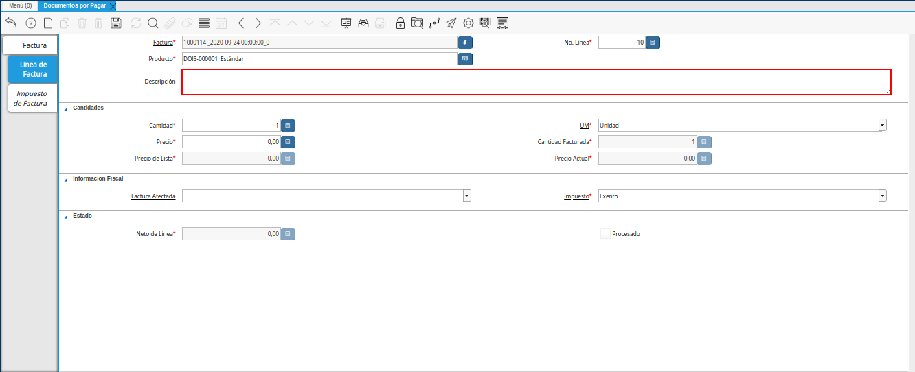 campo descripcion de la pestaña linea de factura
