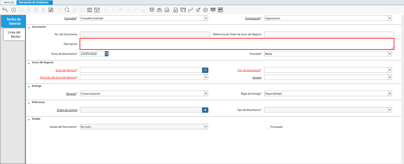 campo descripción de la ventana recepción de productos