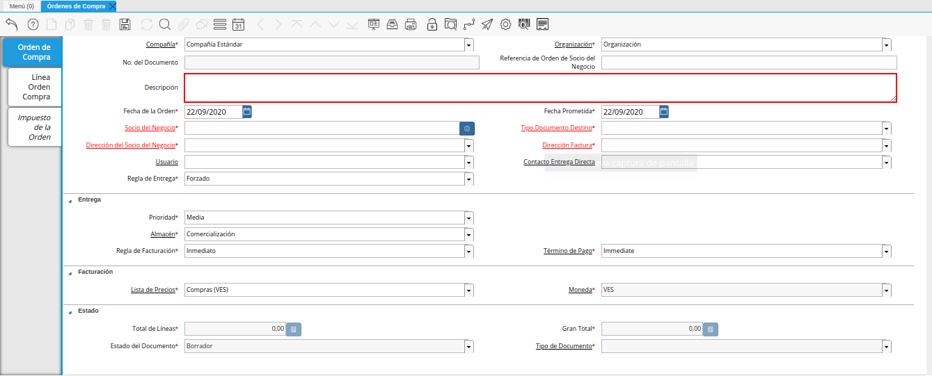 campo descripción de la ventana órdenes de compra