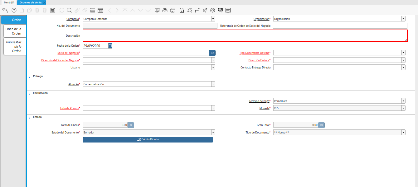 campo descripción de la ventana órdenes de venta