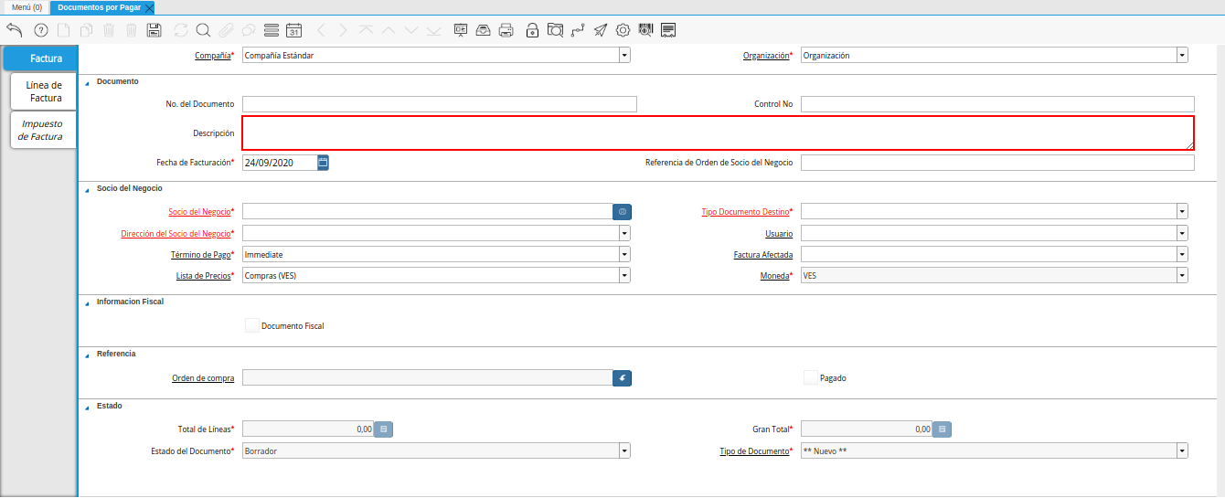 campo descripcion de la ventana documentos por pagar