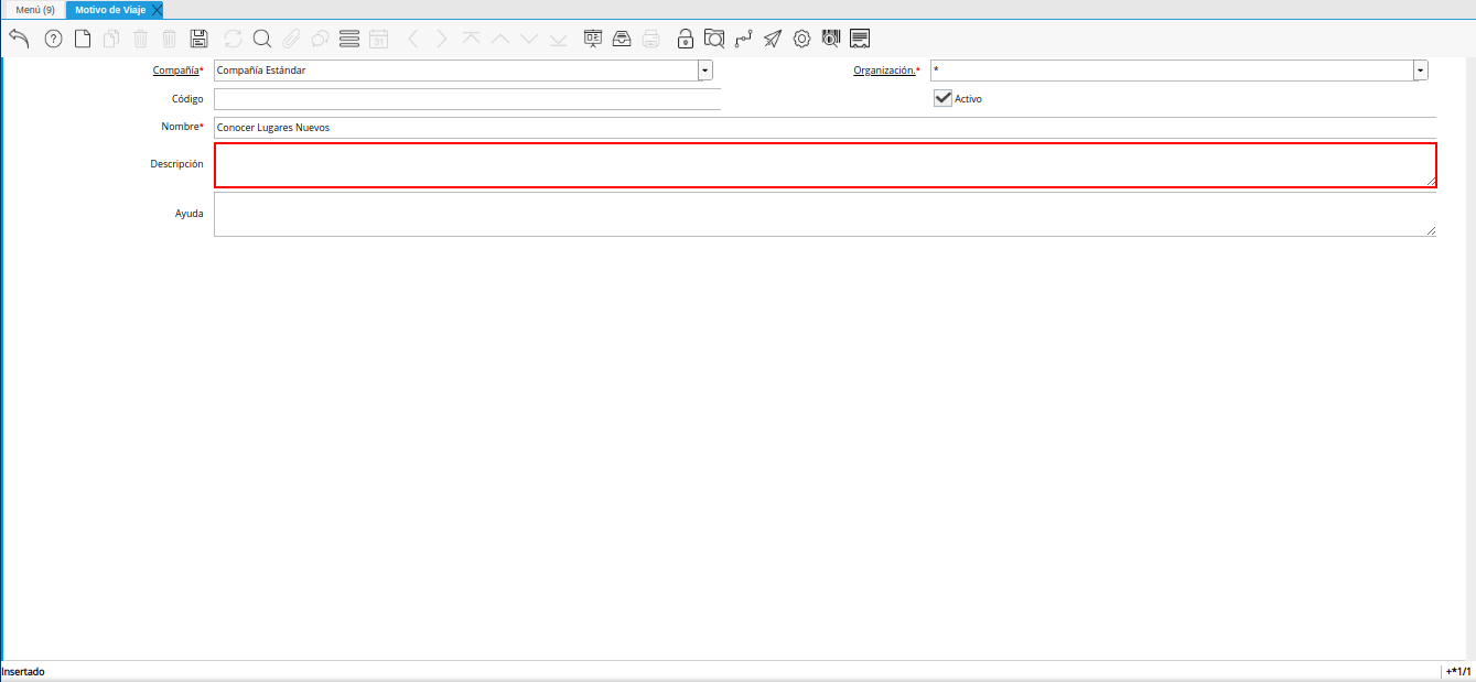 campo descripción de la ventana motivo de viaje