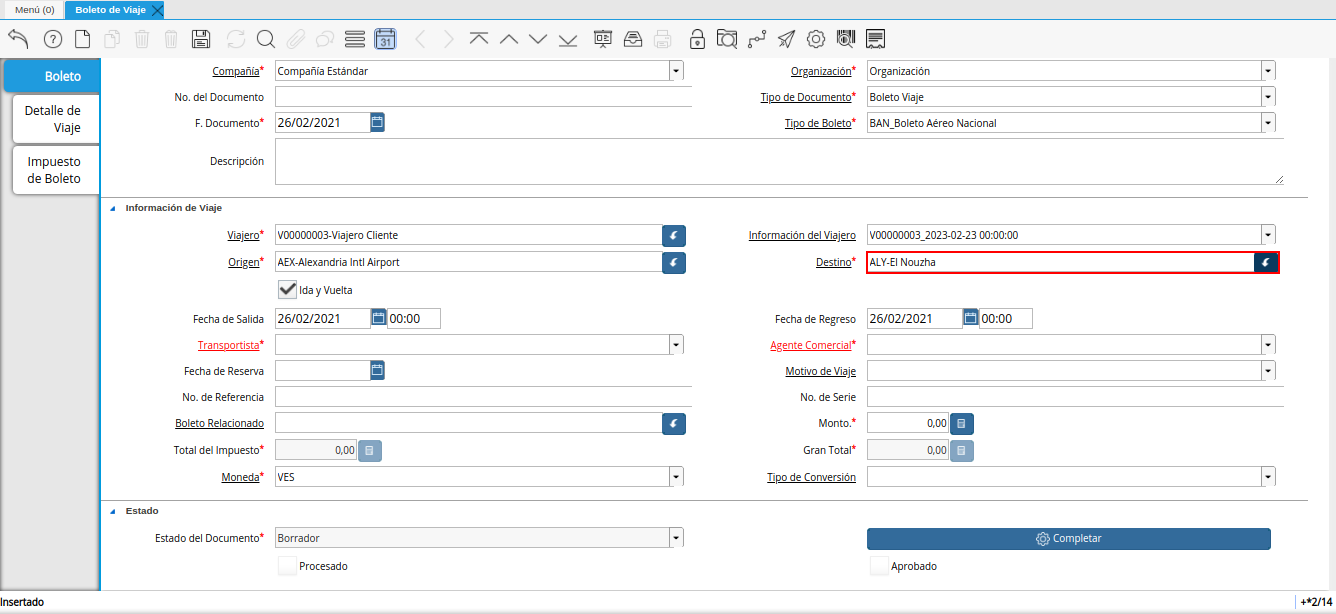 campo destino de la ventana boleto de viaje