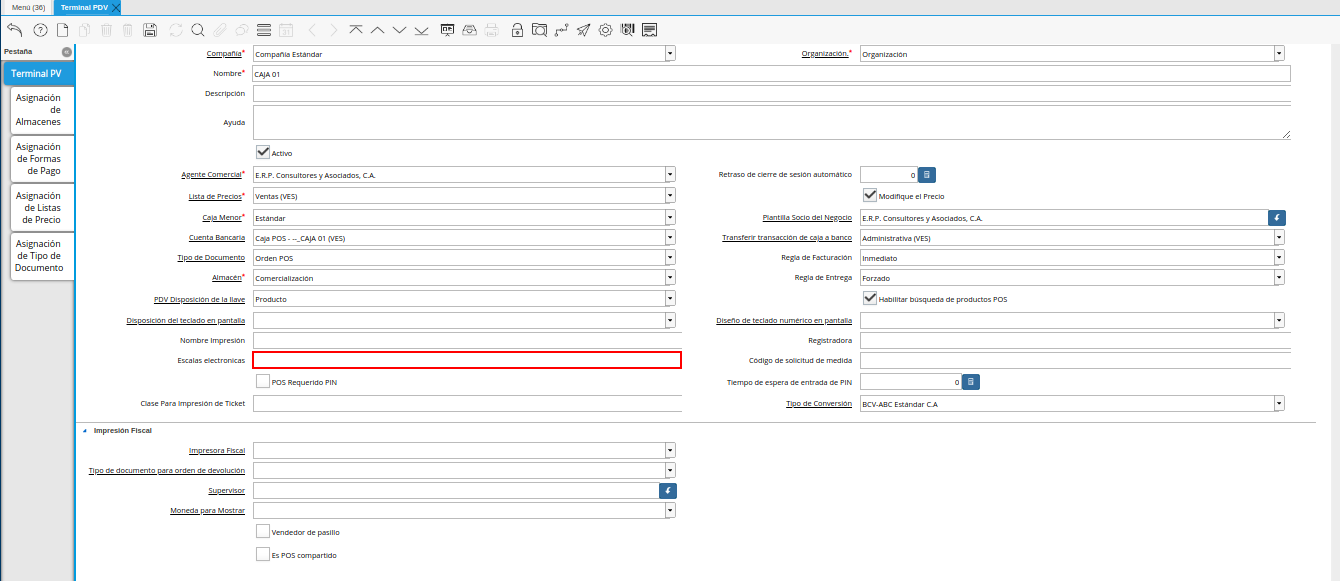 Campo Escalas Electrónicas de la Ventana Terminal PDV