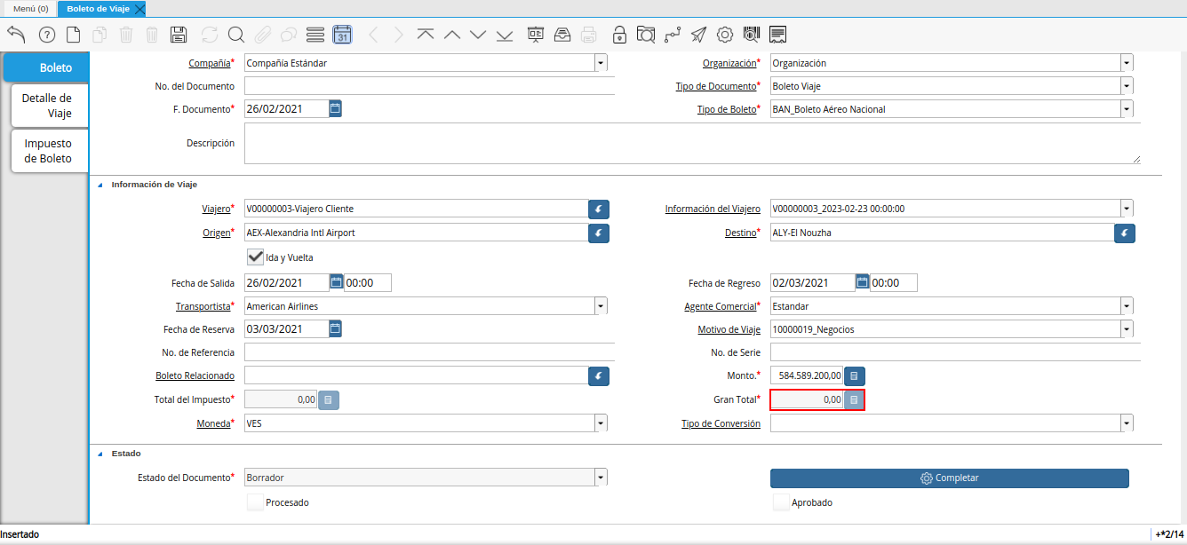 campo gran total de la ventana boleto de viaje
