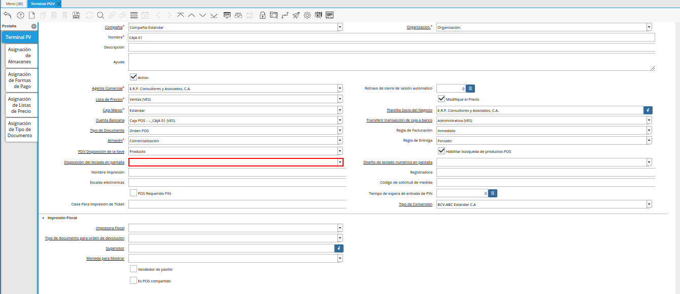 Campo Diseño de Teclado en Pantalla de la Ventana Terminal PDV