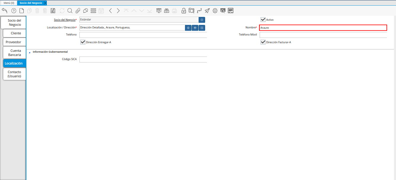 Campo Nombre de la Pestaña Localización del Registro Proveedor