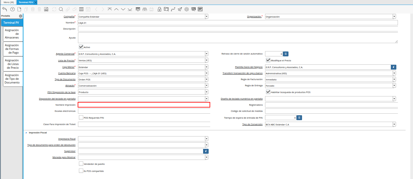 Campo Nombre Impresión de la Ventana Terminal PDV