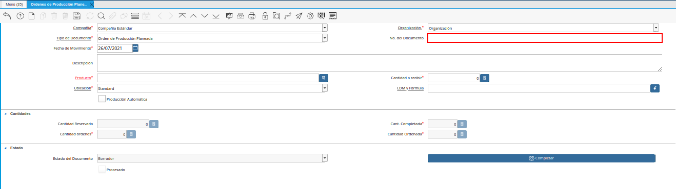 Campo No del Documento de la Ventana Órdenes de Producción Planeadas