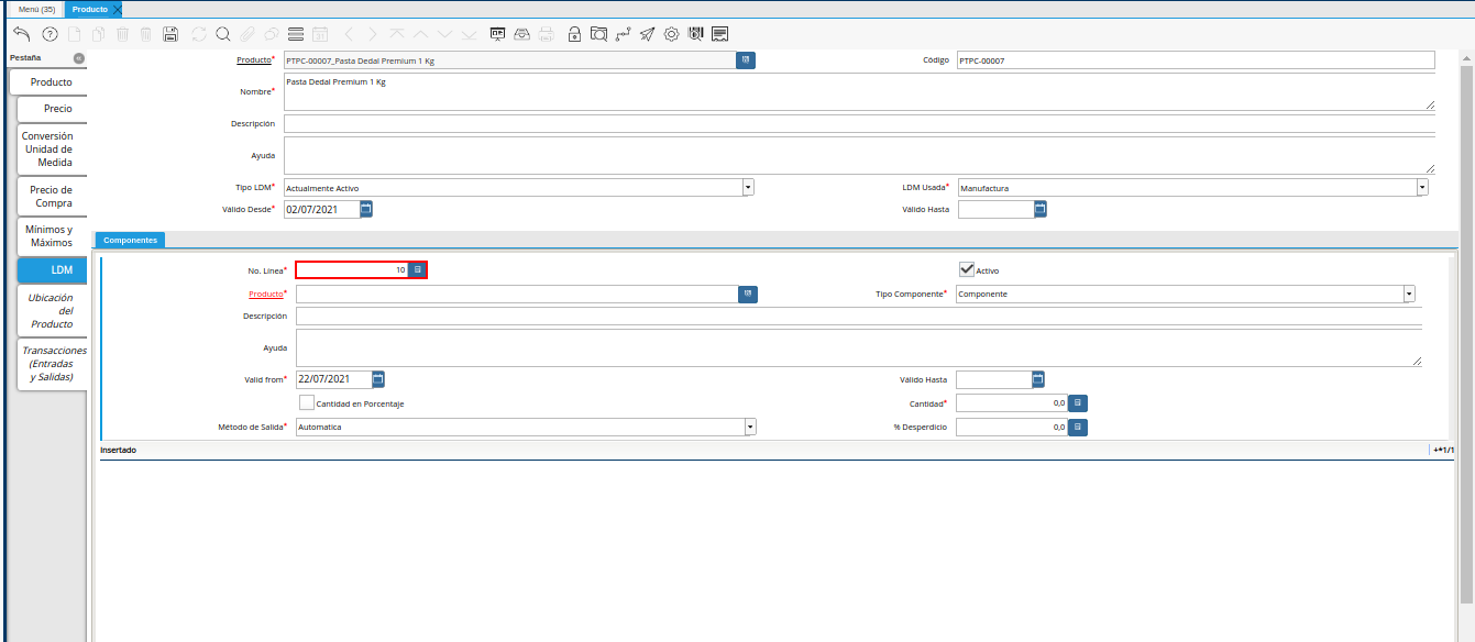 Campo No Línea de la Pestaña ldm del Producto Estándar para Producción