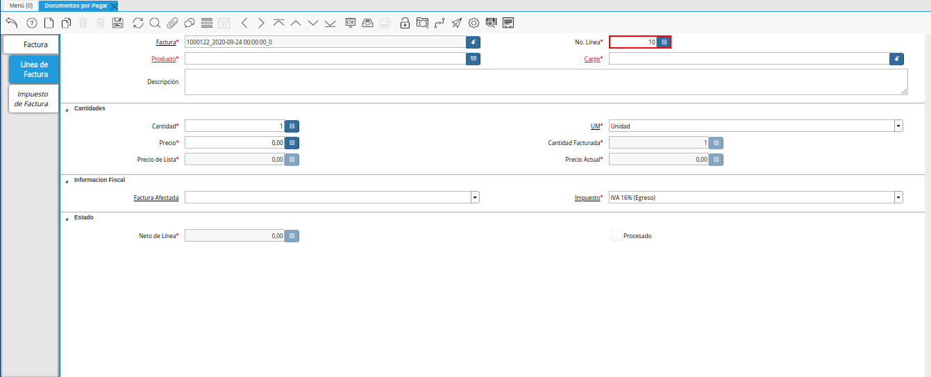 campo nro linea de la pestaña linea de factura débito