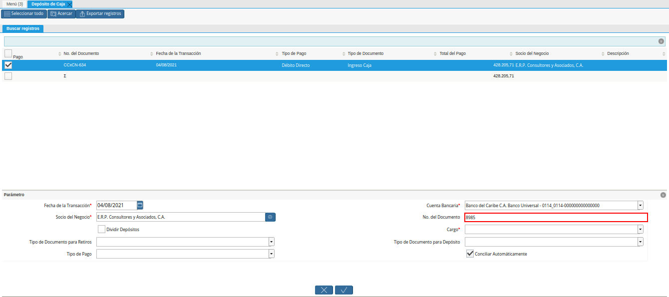campo nro del documento de la ventana deposito a caja
