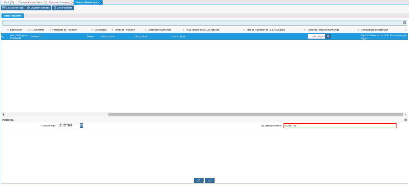 campo número del documento a generar