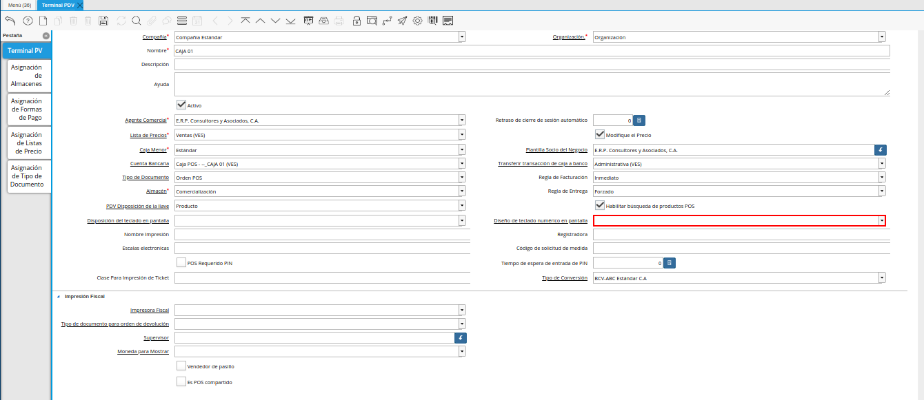 Campo Diseño de Teclado Numérico en Pantalla de la Ventana Terminal PDV