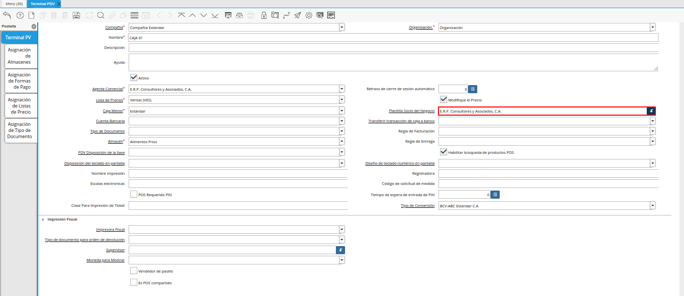 Campo Plantilla Socio del Negocio de la Ventana Terminal PDV
