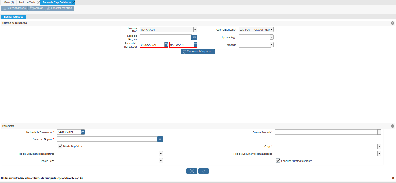 campo o filtro fecha de la transacción del retiro detallado