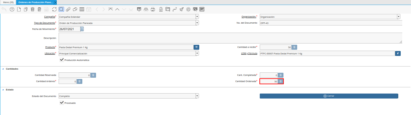 Campo Cantidad Ordenada Luego de Completar el Documento