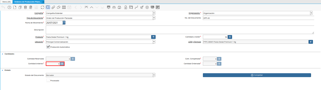 Campo Cantidad Órdenes de la Ventana Órdenes de Producción Planeadas