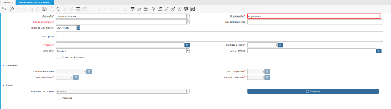 Campo Organización de la Ventana Órdenes de Producción Planeadas