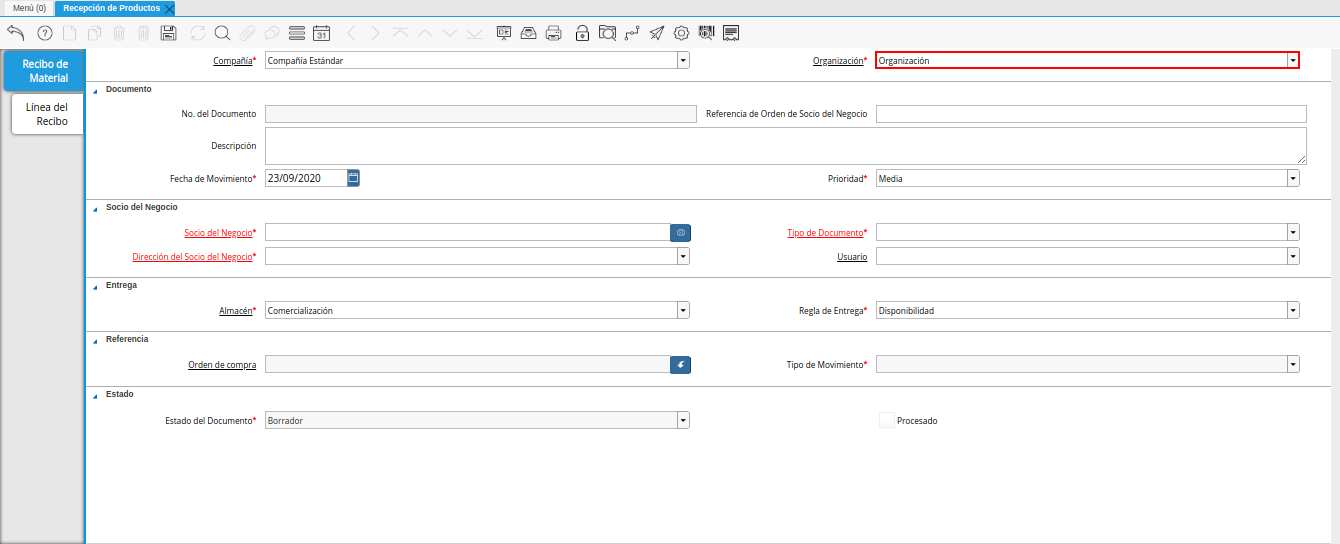 campo organización de la ventana recepción de productos
