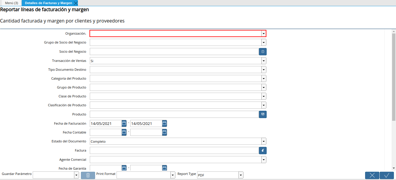 campo organización del reporte detalles de facturas y margen