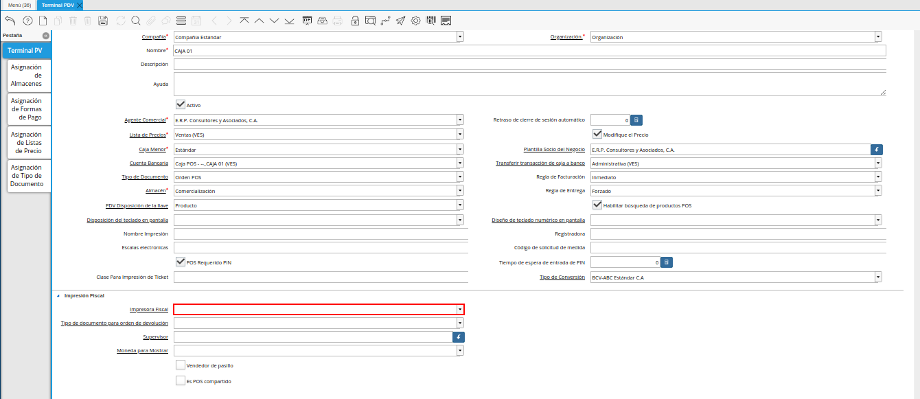 Campo Impresora Fiscal de la Ventana Terminal PDV