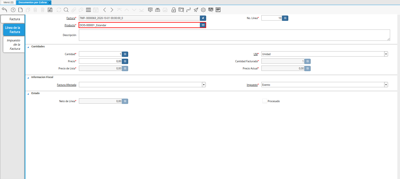 Campo producto nota de crédito