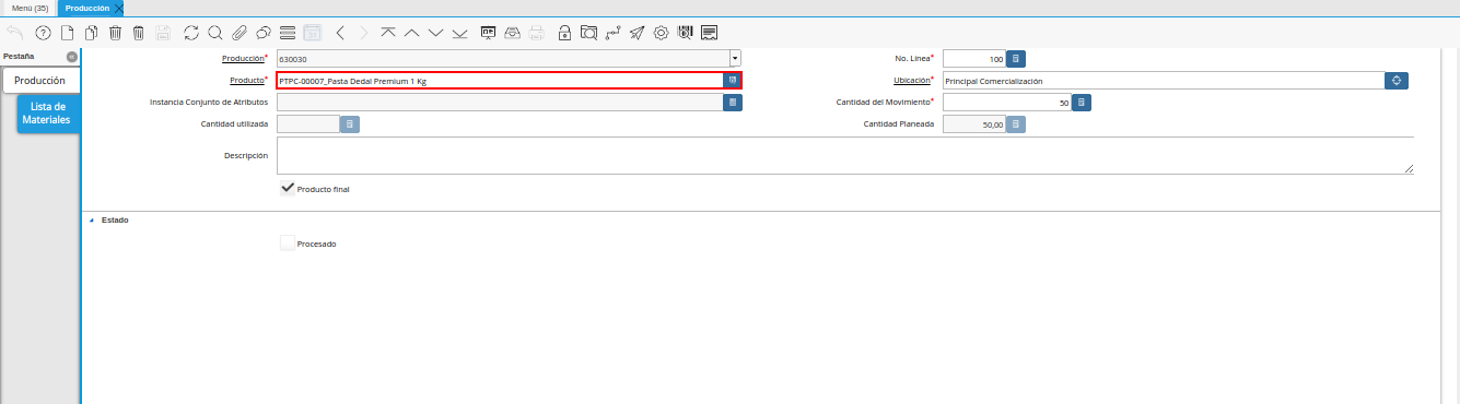 campo producto de línea de la ventana producción