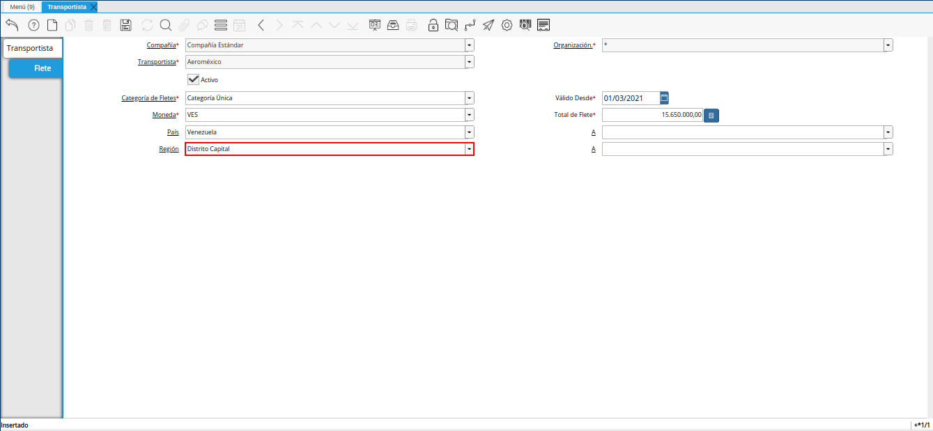 campo región de origen del viaje de la ventana transportista