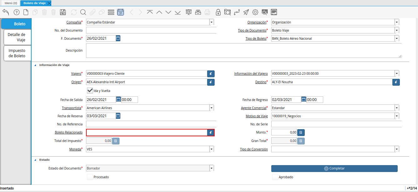 campo boleto relacionado de la ventana boleto de viaje