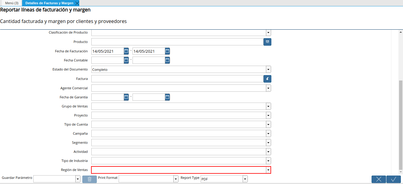 campo región de ventas del reporte detalles de facturas y margen