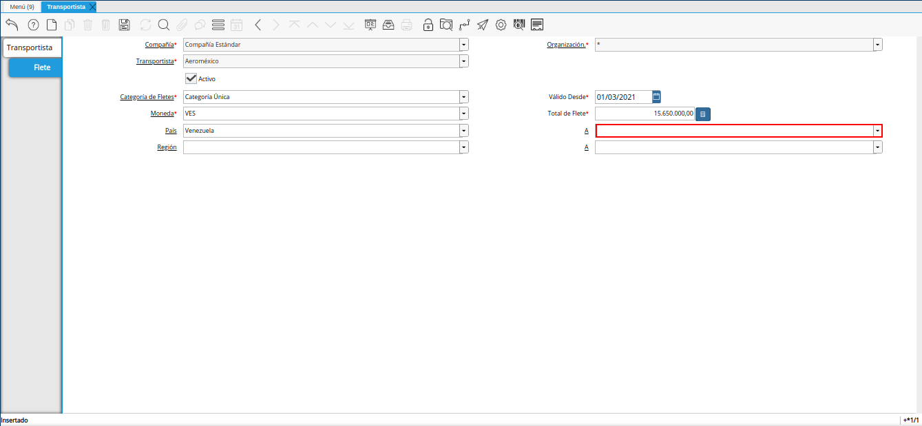campo a país de destino del viaje de la ventana transportista