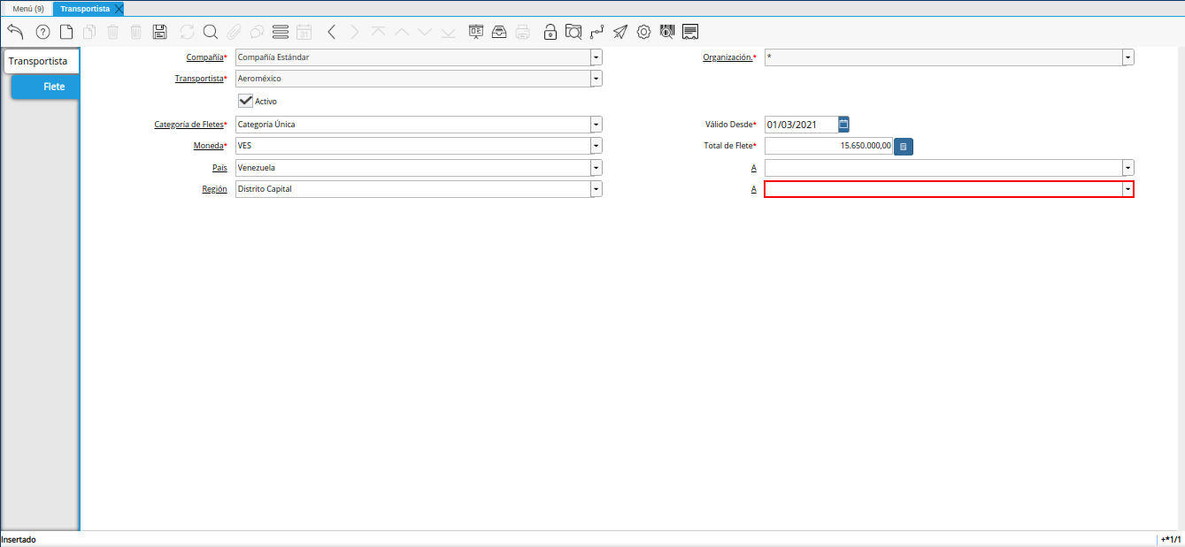 campo a región de destino del viaje de la ventana transportista
