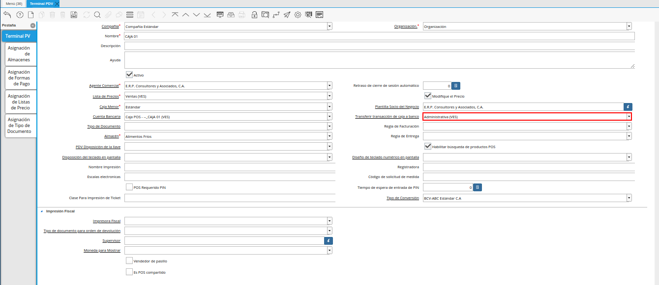Campo Transferir transacción de caja a banco de la Ventana Terminal PDV