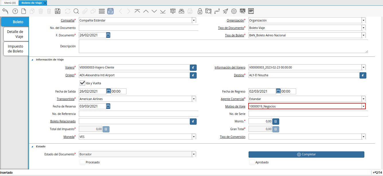 campo motivo de viaje de la ventana boleto de viaje